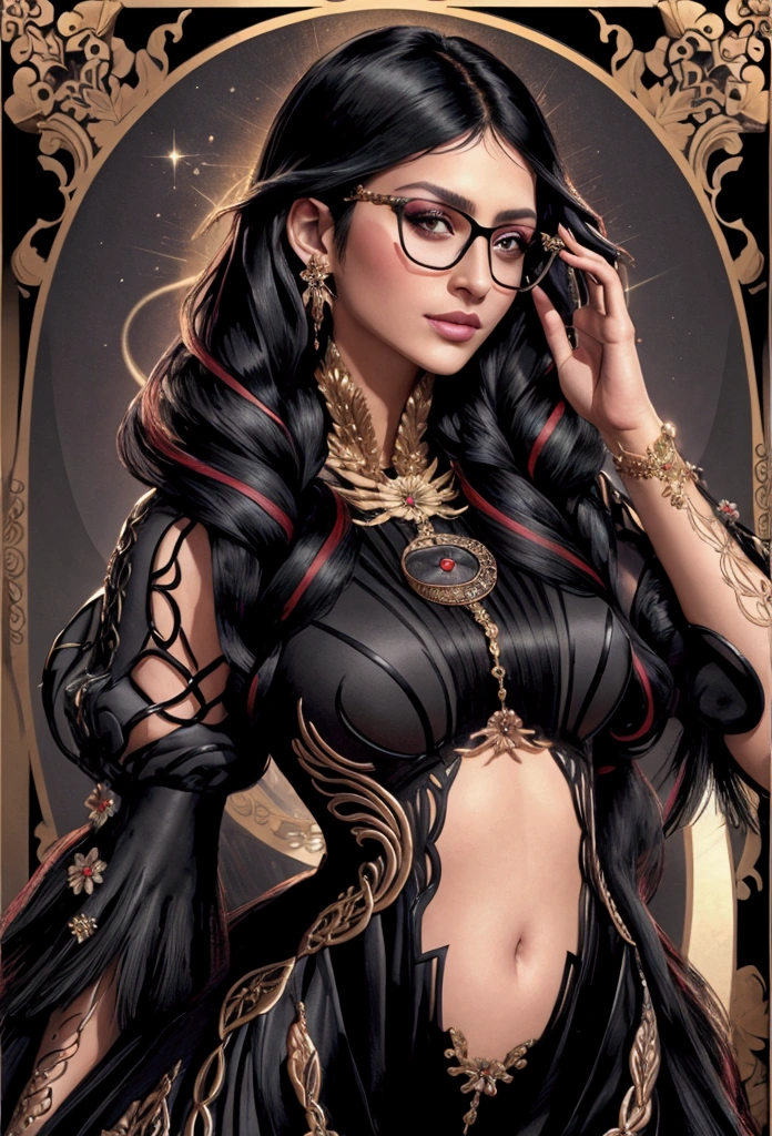 [masterpiece], (a lot of details), beautiful woman, black long hair, Rectangular glasses, full length