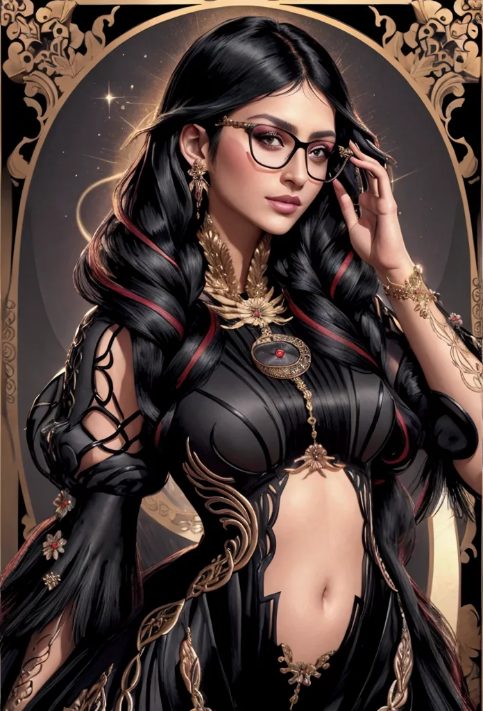 [masterpiece], (a lot of details), beautiful woman, black long hair, rectangular glasses, full length