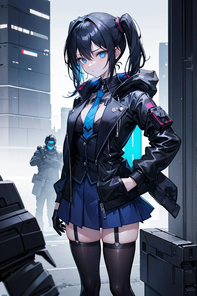 Face_through_torso, 1girl, short_twintails(black_hair,Cyberpunk design hair tie), blue eyes(half closed_eyes), expression_face, A  young noble, exuding elegance and authority, dressed in a black jacket over a crisp white shirt, paired with a short blue tie that reflects a subtle cyberpunk influence. She wears a dark blue skirt that reaches above her knees, complemented by black thigh-high stockings. Hovering beside her is a high-tech combat drone, emphasizing her connection to advanced technology and adding a layer of protection to her refined presence.