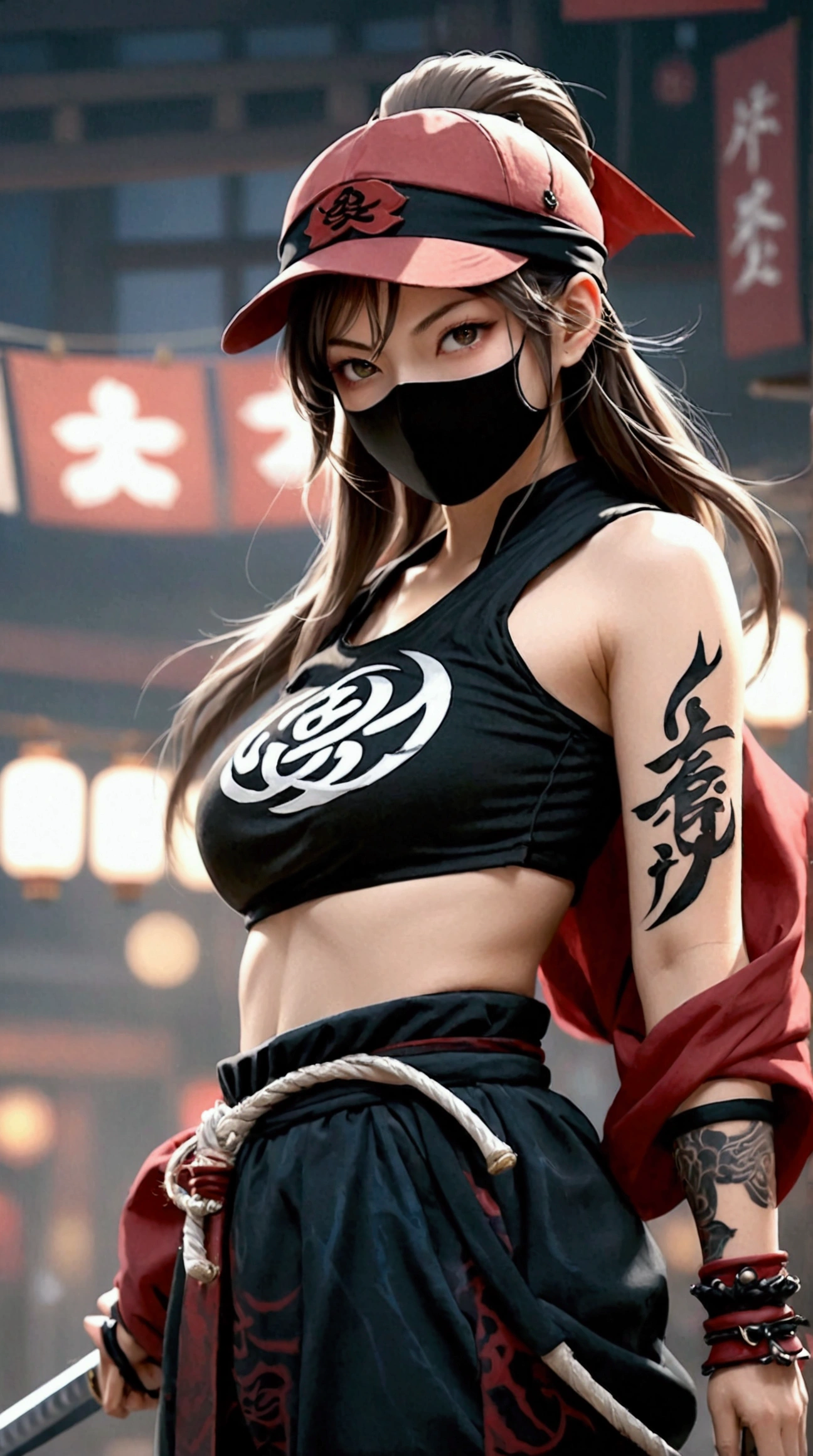 (Japanese sword &reference;Muramasa 2&reference;.2)Two beautiful women、Japanese swordを持った女性、Shinobi Costume、Warrior、Clear Eyes、{Arm tattoo、Warrior、Realistic battle scenes、敵Warriorの返りBlood、Blood、High resolution、Highest quality、Very detailed、8k、background、