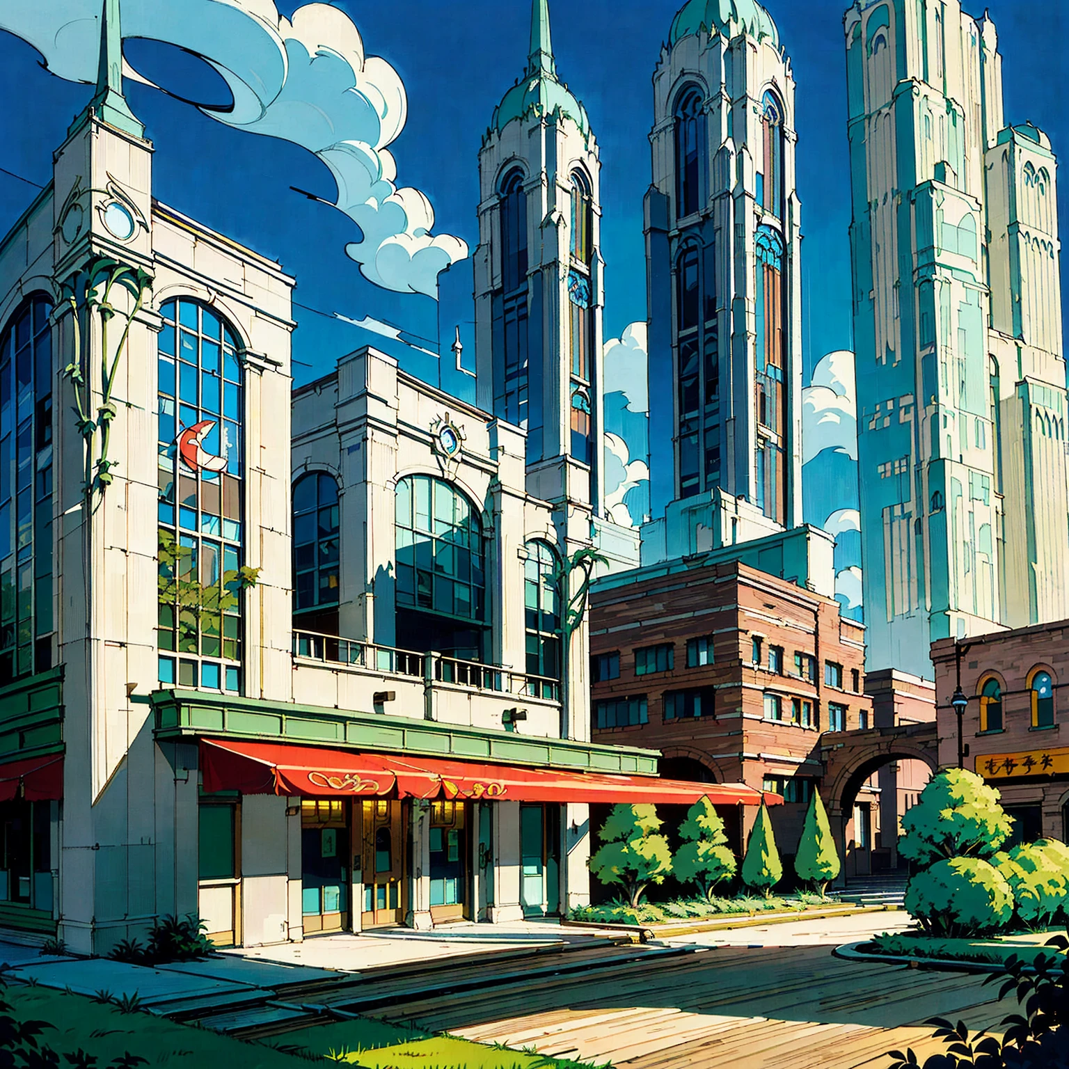 (retrofuturistic), art deco architecture, streamline moderne, (romanesque architecture), fantasy setting, ((low tech)), (big (neon signs) ), small town, ((no characters)), ((Cobblestone buildings, metal buildings, wood buildings)), ((trees, grass, plants, foliage, high vegetation)), peaceful, optimistic, atmospheric, ((masterpiece)), ((anime)), ((cartoony)), ((stylized)), (( 1990s (style) )),