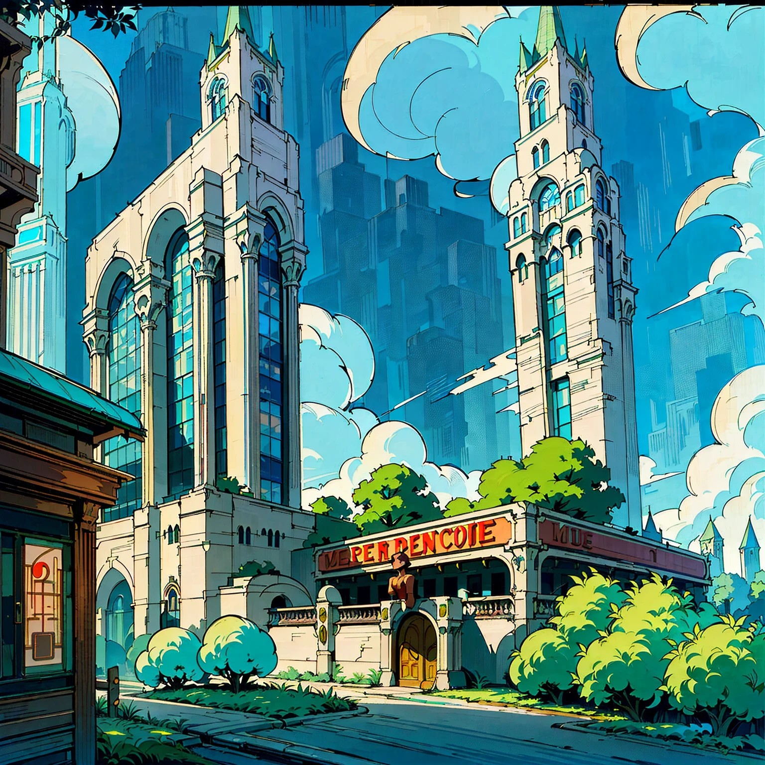 (retrofuturistic), art deco architecture, streamline moderne, (romanesque architecture), fantasy setting, ((low tech)), (big (neon signs) ), small town, ((no characters)), ((Cobblestone buildings, metal buildings, wood buildings)), ((trees, grass, plants, foliage, high vegetation)), peaceful, optimistic, atmospheric, ((masterpiece)), ((anime)), ((cartoony)), ((stylized)), (( 1990s (style) )),