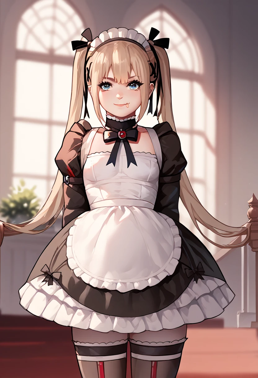 marie rose, maid uniform, headdress, black stockings, mansion, ThiccWithaQ art style, marie rose, cute, lewd, 