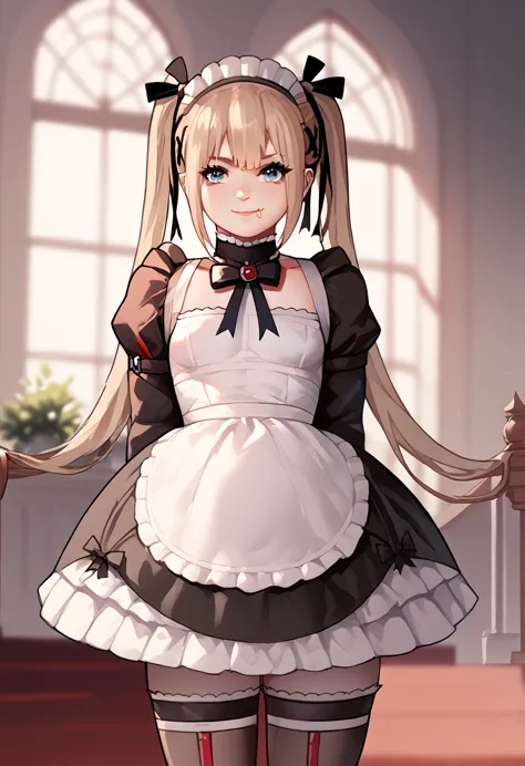 marie rose, maid uniform, headdress, black stockings, mansion, thiccwithaq art style, marie rose, cute, lewd,