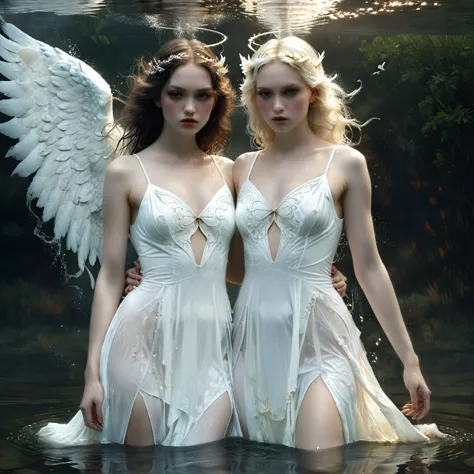 two women in white dresses with angel wings standing in water, beautiful gemini good and evil, 2 angels, beautiful gemini twins ...