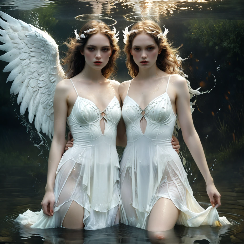 two women in white dresses with angel wings standing in water, beautiful gemini good and evil, 2 angels, beautiful gemini twins portrait, beautiful gemini twins, angels, fallen angels, angel is split in two with smoke, darius zawadzki and tom bagshaw, angels in white gauze dresses, artstyle tom bagshaw, natalie shau tom bagshaw