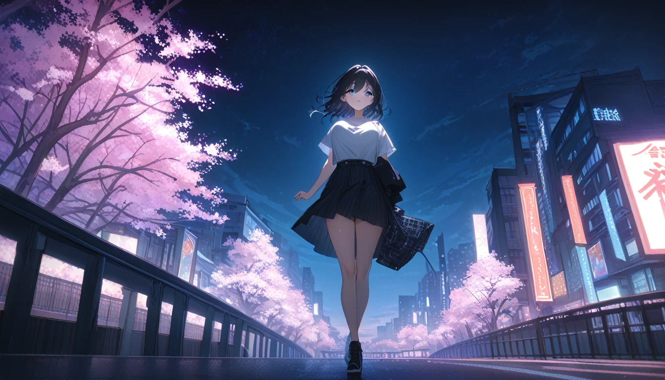 masterpiece, high quality, 16k resolution, detailed, beautiful anime girl, large breasts, slender waist, pale skin, black hair, fine hair, simple clothing, white T-shirt, no accessories, (looking away:1.4), (walking in neon-lit night city), spring season, comfortable weather, discovering beautiful night cherry blossoms, neon lights, joyful expression, looking up at cherry tree, stunning smile, captivating eyes, delicate face, artistic, emotional depth, serene atmosphere, detailed background, vibrant colors, breathtaking beauty, ((MrKb)), full body shot