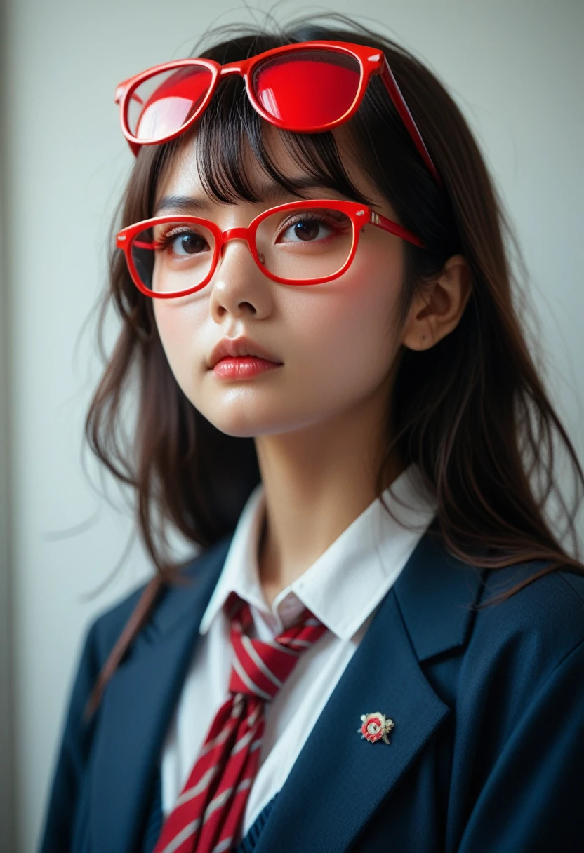 masterpiece, best_quality, 1girl, solo, gumi, school uniform, red eyewear on head,