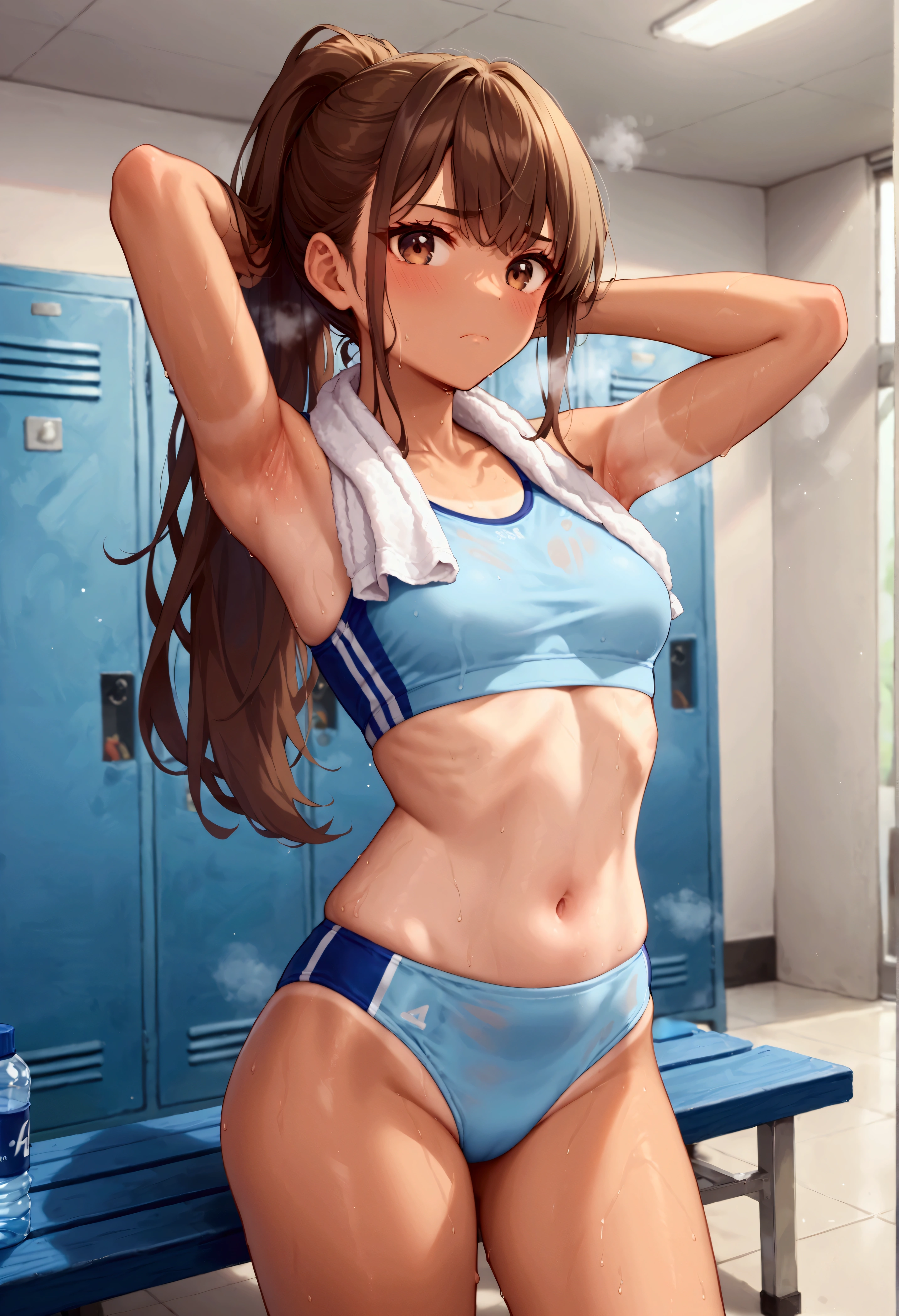 score_9, score_8_up, score_7_up, rating_safe, masterpiece, best quality, very aesthetic, absurdres, 1girl, solo, brown hair, long hair, ponytail, bangs, brown eyes, blush, frown, closed mouth, faint lips, track uniform, small breasts, blue sports bra, track uniform, navel, athletes, thighs, skindentation, armpits, tan, sweat, very sweaty, sweaty armpit, breath, steaming body, gleaming skin, armpit forcus, indoors, locker room, (blue bench:1.2), white wall, white floor, whiteboard, standing, water bottle, towel around neck, faint light