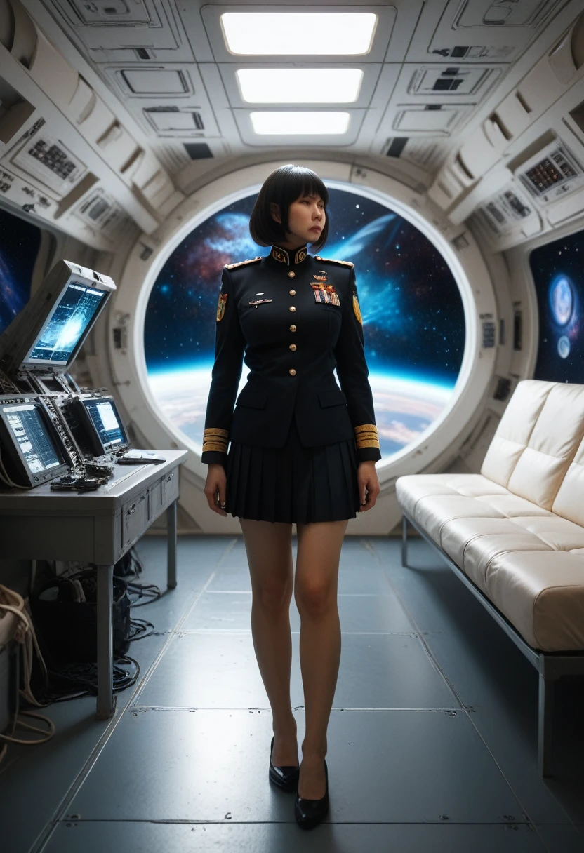 (highest resolution, distinct_image), best quality, masterpiece, highly detailed, semi realistic, a woman with short black hair, mature woman, triple bangs, black uniform, black pleated skirt, military uniform, spaceship space, control room, commander