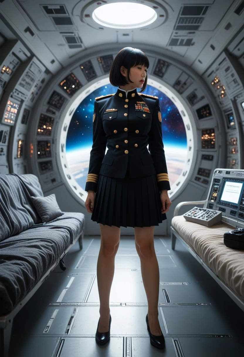 (highest resolution, distinct_image), best quality, masterpiece, highly detailed, semi realistic, a woman with short black hair, mature woman, triple bangs, black uniform, black pleated skirt, military uniform, spaceship space, control room, commander