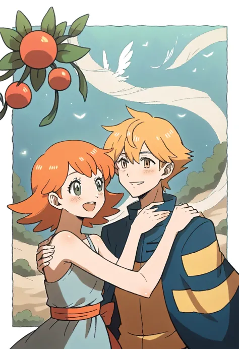 ash\ (pokemon\) (hat , black hair, brown eyes) hugging misty (berry short,orange hair,one side up hair,big green eyes,small brea...