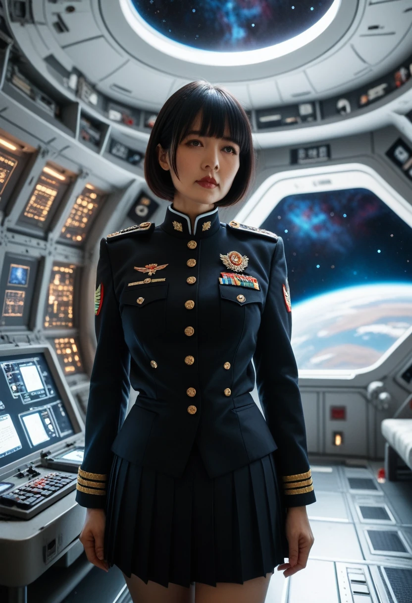 (highest resolution, distinct_image), best quality, masterpiece, highly detailed, semi realistic, a woman with short black hair, mature woman, triple bangs, black uniform, black pleated skirt, military uniform, spaceship space, control room, commander