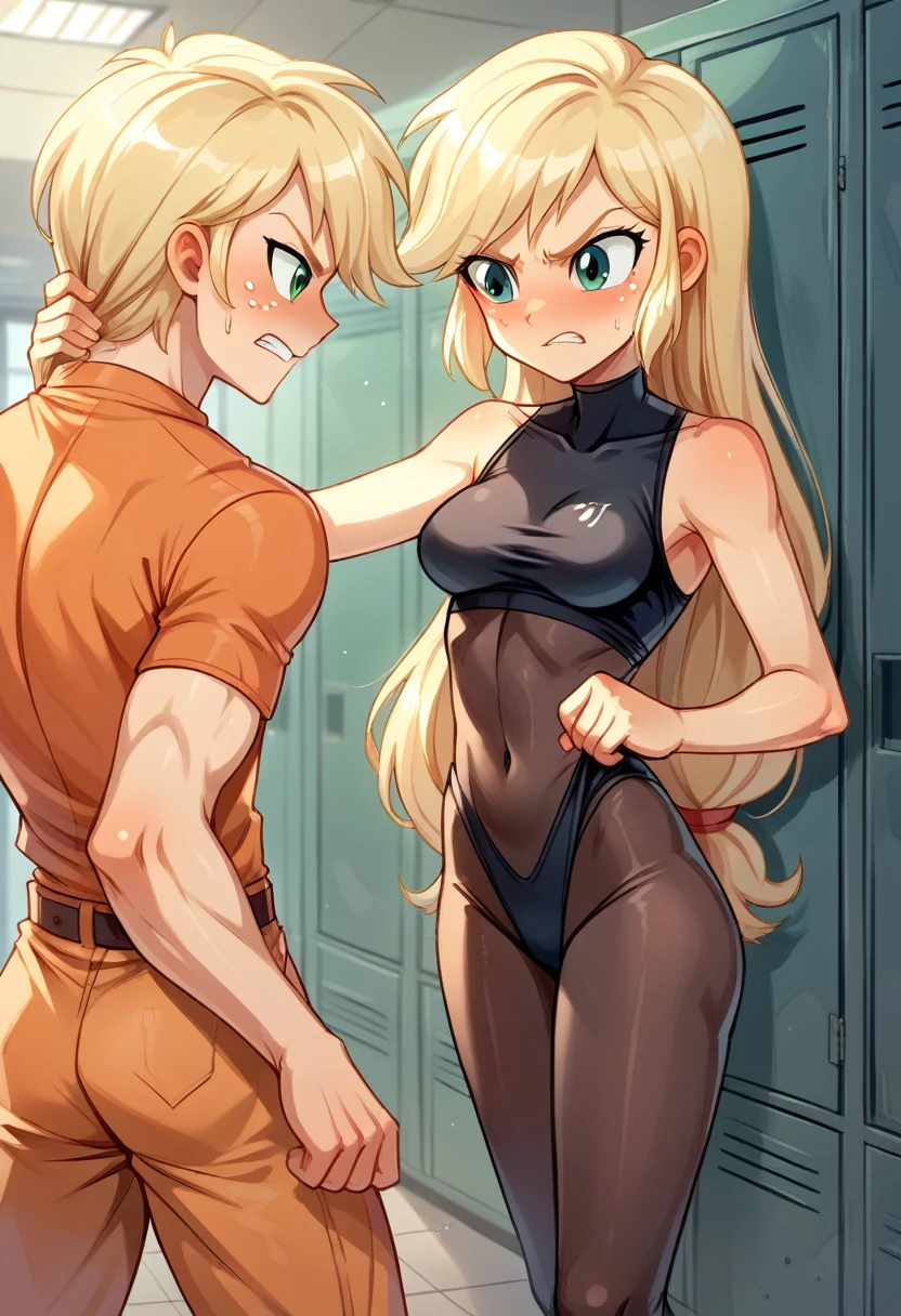 Eqg  angry  I'm dressingy bodystocking . skinny  boy blonde hair and blue eyes. in the locker room fight Applejack