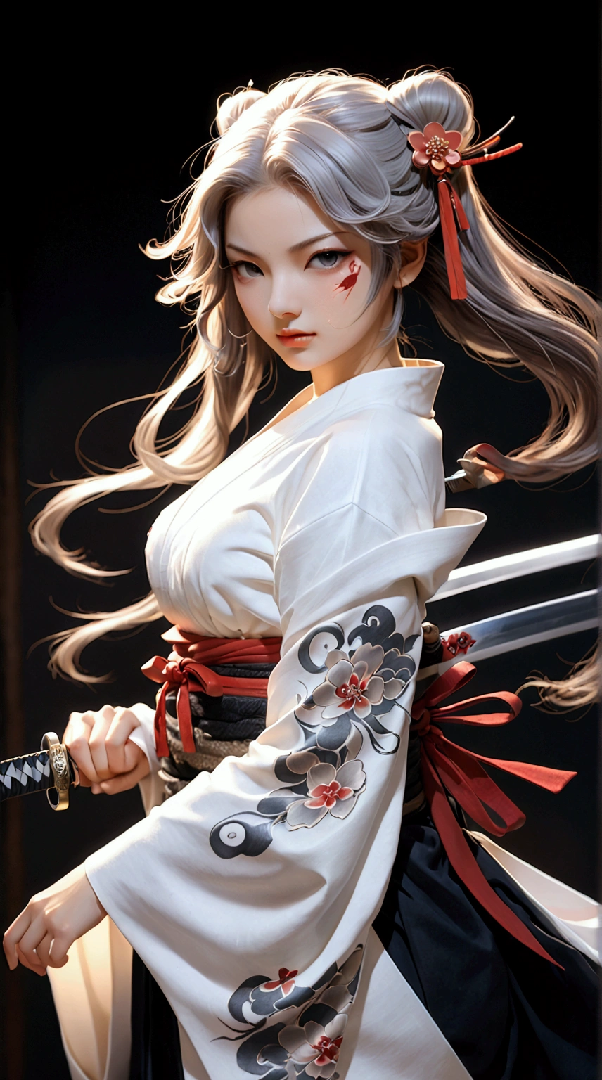 (Japanese sword &reference;Muramasa 2&reference;.2)Two beautiful women、Japanese swordを持った女性、Shinobi Costume、Warrior、Clear Eyes、{Arm tattoo、Warrior、Realistic battle scenes、敵Warriorの返りBlood、Blood、High resolution、Highest quality、Very detailed、8k、background、