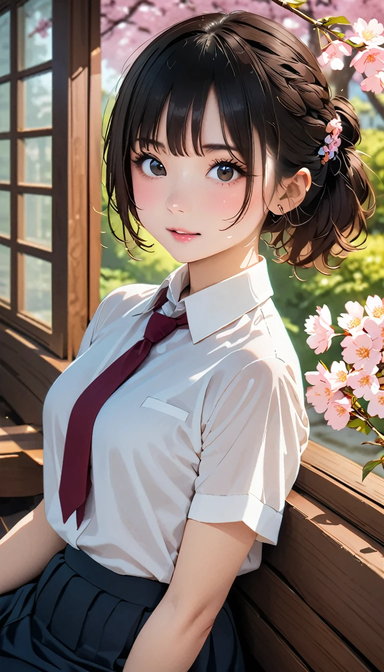 (masterpiece, top quality:1.2), 1 girl, One、(Table, top quality:1.2), 8 K,Ld, 85 mm, official art, RAW photo, absurd, белая Classическая рубашка, cute face, close, upper body, viola lace, gardenia, beautiful girl, (dark red tie:1.1)、(dark blue pleated skirt:1.1), Sinch West, hips, Short sleeve, Class, Ponytail、short hair、short hair、Sit on a bench, I look at the viewer, Without makeup, (smile:0.4), granularity, chromatic aberration, Sharp Focus, face light, clear lighting, , detailed face, ((background bokeh,Japanese school Class、Class、View of cherry tree from window))