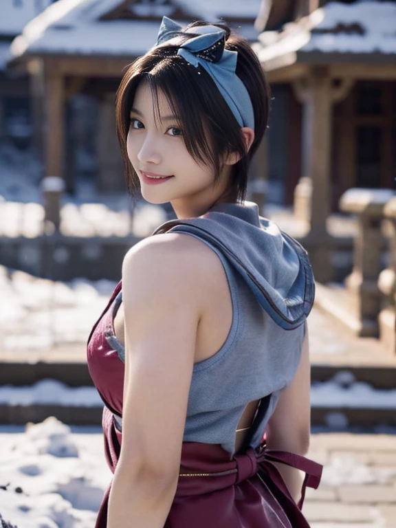 20 year old Japanese beauty，One woman、Muscular body like a bodybuilder、Emphasize the breasts、He wears a headband on his head、Slit eyes、A head-to-toe view，Bust is very very large、The background is a snowy country、High quality photos、Clear, crisp images of the lower body、Masterpiece 8k、Smiling、Throwing a shuriken with the right hand、From the front, from the side, from the back, etc.々from what camera angle to shoot、Light blue ninja costume