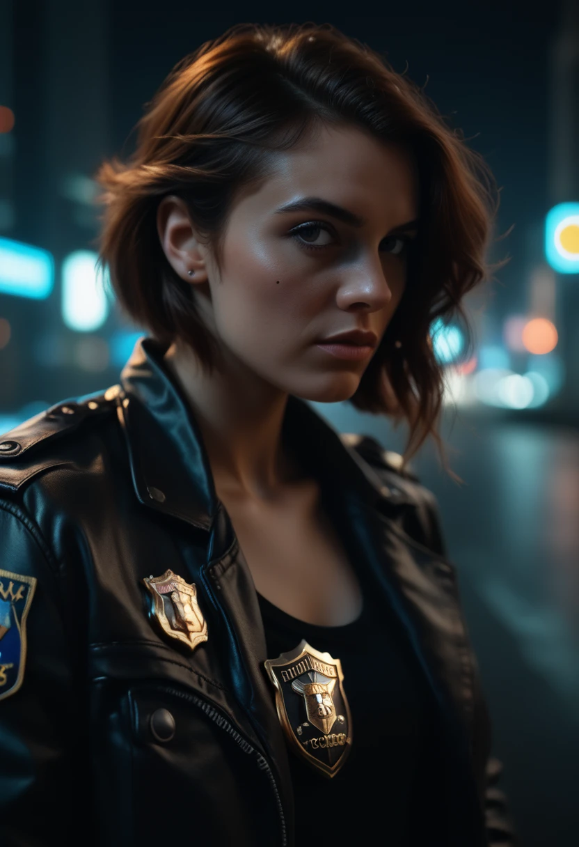 Portrait of natlp as a beautiful female model, georgia fowler, beautiful face, with short dark brown hair, in cyberpunk city at night. She is wearing a leather jacket, black jeans, dramatic lighting, (police badge:1.2)