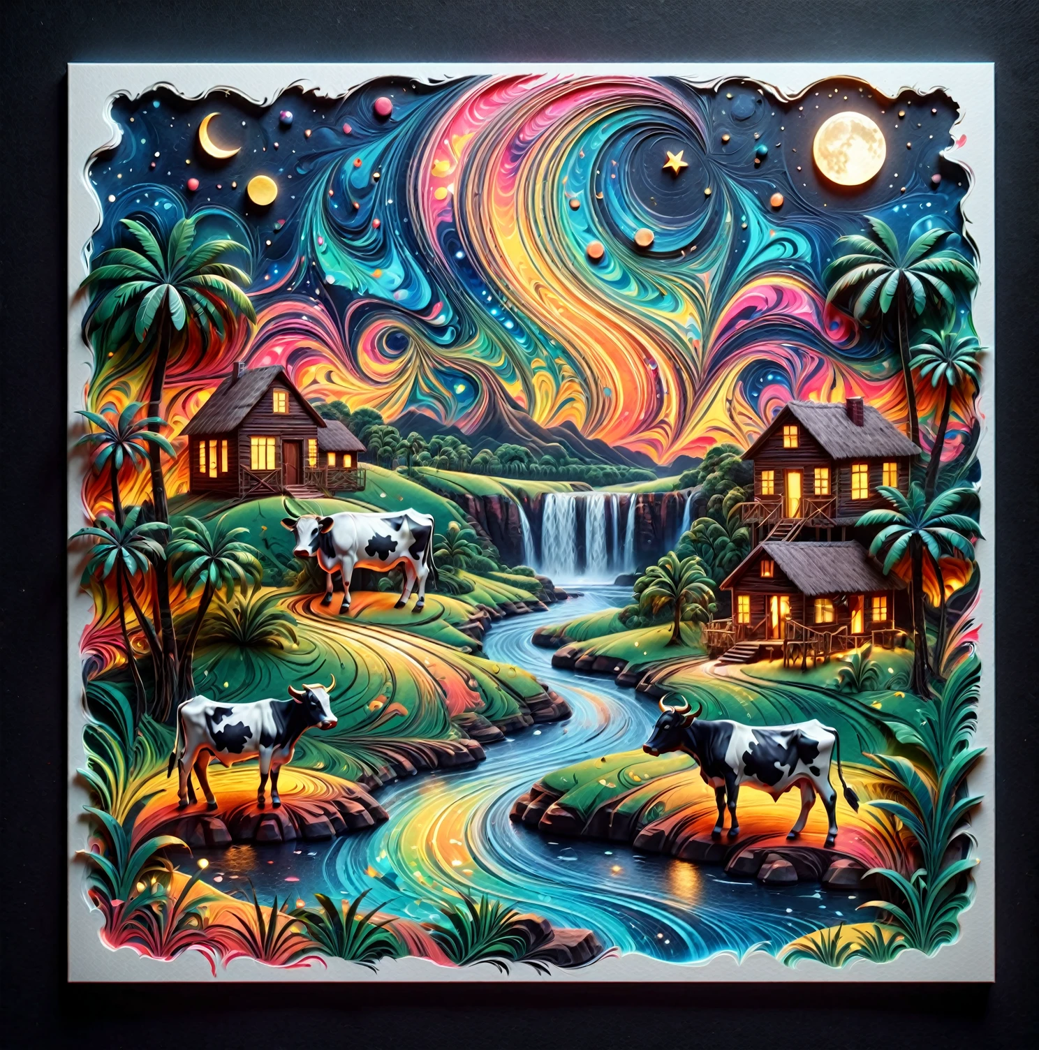 Paper cut art (((masterpiece))),best quality, illustration, African map, within African map we see a night sky, cloud, banana plantation, star \(symbol\), cows, no humans, night, birds, moon, building, star \(sky\), night sky, scenery, starry sky, grass, house, trees, waterfall, birds in the sky, African map, vibrant color scheme, Soft light,(warm color:1.2),Water color painting, light background, best quality exquisite details,3d rendering,Octane render, pastel, paper_cut, sticker , , t-shirt design to print 