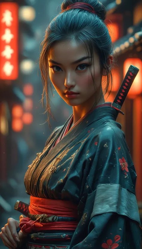 samurai, 25yo woman, hyperrealism, very detailed skin, 4k,,, ashleywoodartai,, katana profile picture, organic painting, night t...