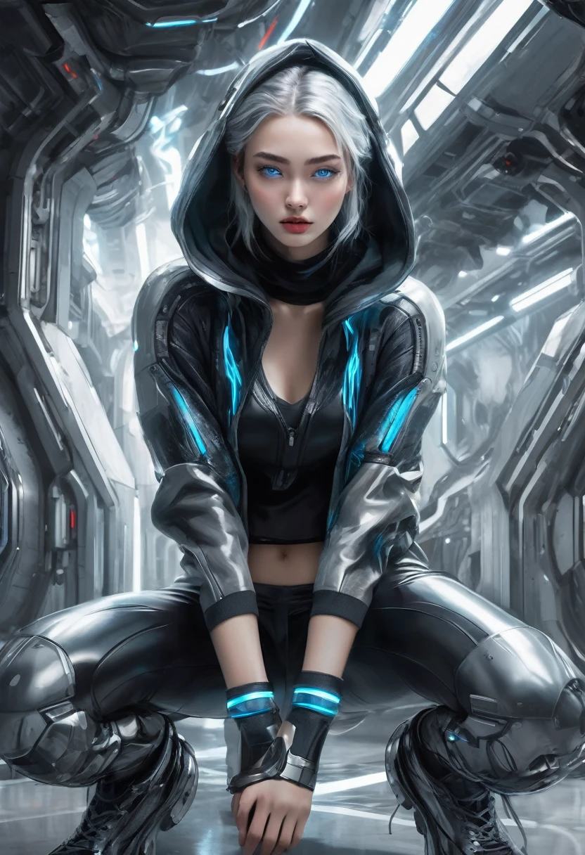 nsfw, masterpiece, Best Quality, hyper Realistic, A mysterious and sophisticated beautiful young gravure Japanese woman with blue eyes wears futuristic and sexy fashion art. sitting focus breasts,, from below, Detailed clothing butt, woman is climbing at a wide angle, with her full body in frame. large Butt, sexy large breasts, slim waist, Cyber punk taste fashion, Her outfit includes BLACK over sized Surface hoodie sweat, nothing shorts, adding a minimalist beauty. She accessorizes with futuristic accessories and technical sneakers. Her demeanor exudes harmony and striking simplicity, accentuating her curves and digging sensuously into her skin, hyper small head and face, wide and big Duck mouth, half open mouth, perfectly aligned teeth, perfect beautiful wide teeth, Detailed eyes, light blue eyes, half open eyes, shiny Droopy eyes, gray hair, looking other, She is situated within the interior of a futuristic colony, with mist drifting and steam rising from concrete