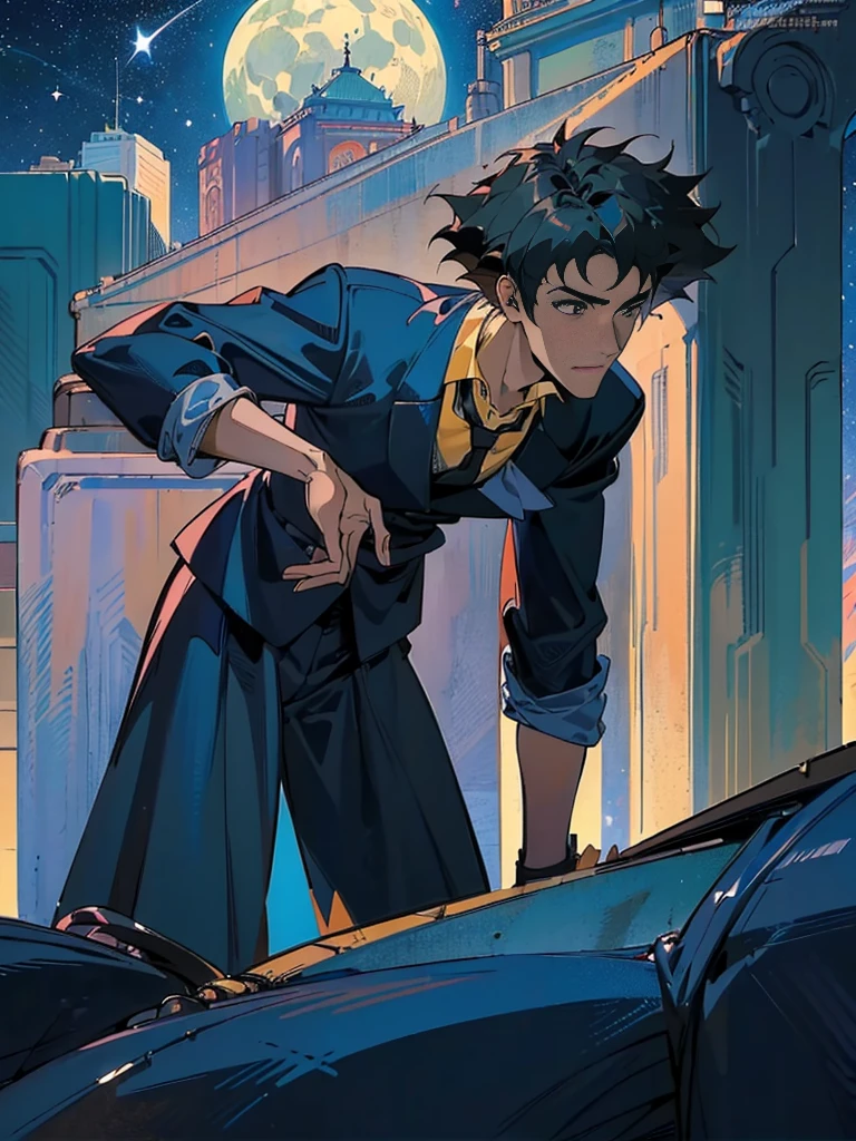 (masterpiece、top-quality、top-quality、Detailed and complex、official art、aesthetically pleasing:1.3)、(Spike spiegel)(Standing on a rooftop) (realistic art:1.3) Black hair、blue suit, yellow shirt with tie. Moon and stars background. 