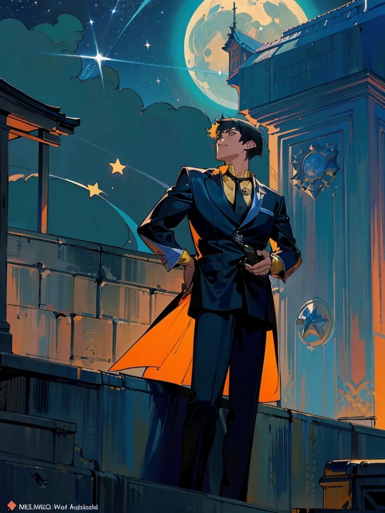 (masterpiece、top-quality、top-quality、Detailed and complex、official art、aesthetically pleasing:1.3)、(Spike spiegel)(Standing on a rooftop) (realistic art:1.3) Black hair、blue suit, yellow shirt with tie. Moon and stars background. 