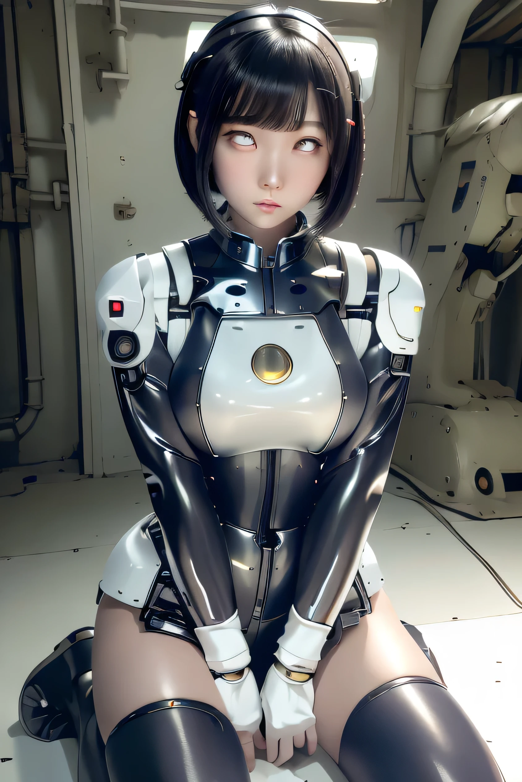 masterpiece, best quality, extremely detailed, Japanese android girl,Plump ,control panels,robot arms,robot,android,cyborg,white robot body,blunt bangs,robot repair plant,knee high socks,white eyes,rolling eyes