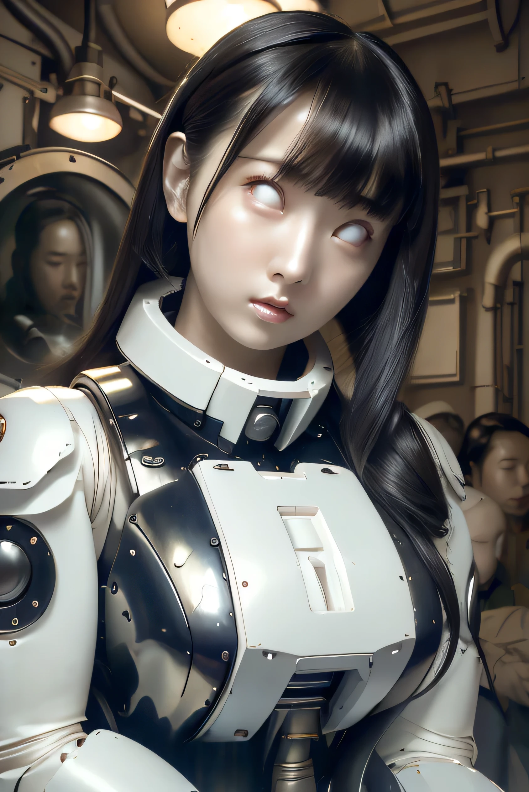 masterpiece, best quality, extremely detailed, Japaese android girl,portrait,Plump,a bit chubby,control panels,android,Droid,Mechanical Hand, Robot arms and legs, Black hair,Blunt bangs,perfect robot girl,long tube,thick cable connected her neck,android,robot,humanoid,cyborg,japanese cyborg girl ,robot-assembly plant,She is assembling now,assembly scene,chest monitor,white eyes