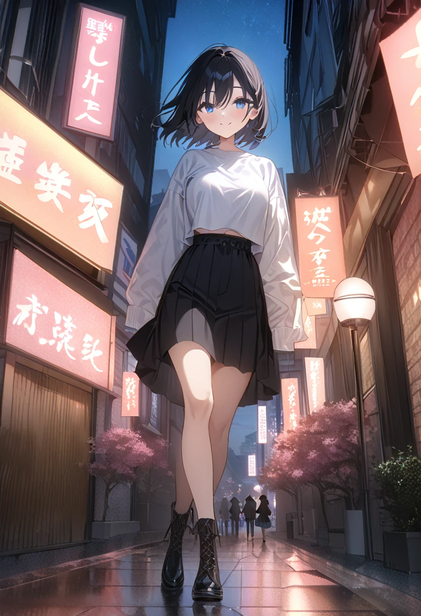 masterpiece, high quality, 16k resolution, detailed, beautiful anime girl, large breasts, slender waist, pale skin, black hair, fine hair, simple clothing, white T-shirt, no accessories, (looking away:1.4), (walking in neon-lit night city), spring season, comfortable weather, discovering beautiful night cherry blossoms, neon lights, joyful expression, looking up at cherry tree, stunning smile, beautiful eyes, delicate face, artistic, emotional depth, serene atmosphere, detailed background, breathtaking beauty, (MrKb), full body shot