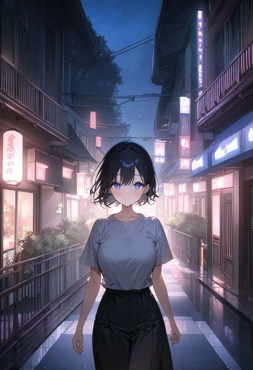 masterpiece, high quality, 16k resolution, detailed, beautiful anime girl, large breasts, slender waist, pale skin, black hair, fine hair, simple clothing, white T-shirt, no accessories, (looking away:1.4), (walking in neon-lit night city), spring season, comfortable weather, discovering beautiful night cherry blossoms, neon lights, joyful expression, looking up at cherry tree, stunning smile, beautiful eyes, delicate face, artistic, emotional depth, serene atmosphere, detailed background, breathtaking beauty, (MrKb), full body shot