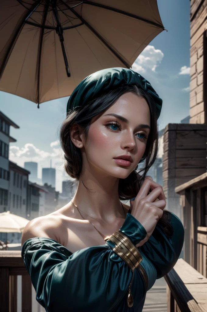 masterpiece, best quality, extremely detailed, hyperrealistic:1.1, photorealistic, a beautiful 20s russian model, ultra detailed face:1.1, sunglasses on head:1.1, dark blue green v-neck long sleeve dress, black hair, x-arms:1.3, eye closed:1.3, city, rainy:1.1, dynamic angle