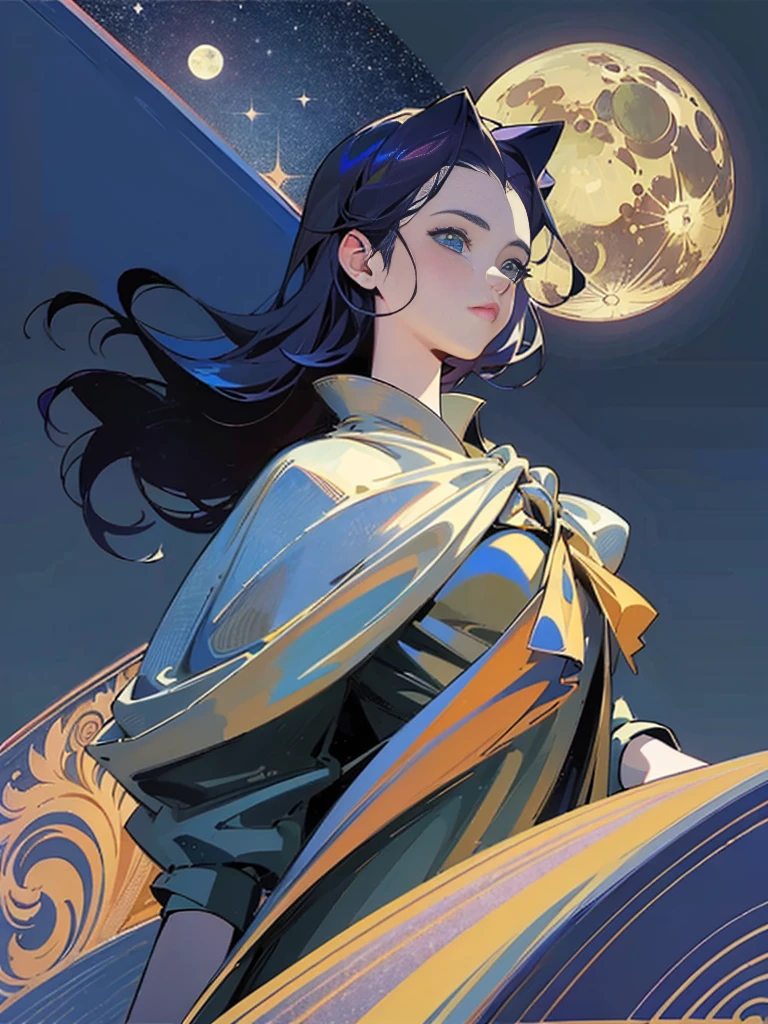 (masterpiece、top-quality、top-quality、Detailed and complex、official art、aesthetically pleasing:1.3)、(Faye Valentine)(Standing on a rooftop) (realistic art:1.3). Moon and stars background. 