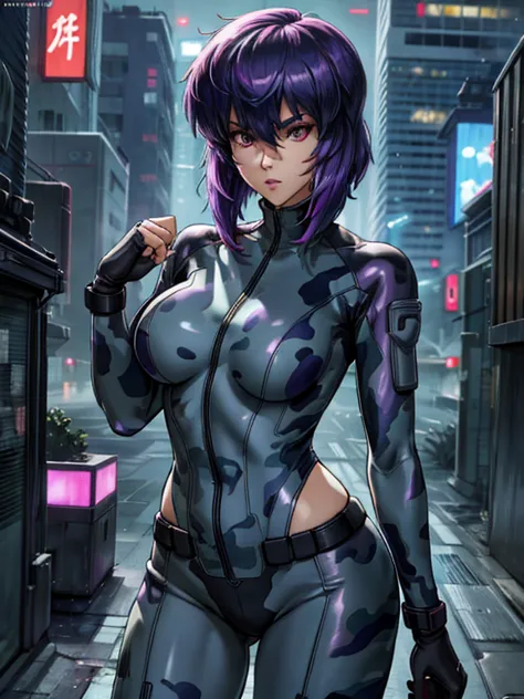 ghost in the shell, motoko kusanagi, purple short bob cut, hair between the eyes, slightly asymmetrical bangs, ((optical camoufl...