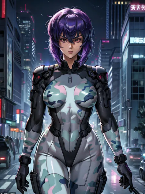 ghost in the shell, motoko kusanagi, purple short bob cut, hair between the eyes, slightly asymmetrical bangs, ((optical camoufl...