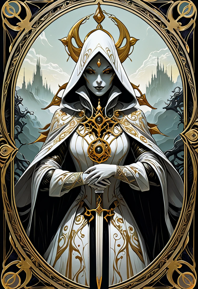 White Reaper, HarlequinPunk, Jaehra, panjang penuh + gold leaf + tarot card + symmetrical + intricate ink illustration + tarot card with ornate border frame, Peter Mohrbacher, Marc Simonetti, Mike Mignola, detailed, intricate ink illustration, symmetry, bloodborne, Peter Mohrbacher style