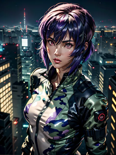 ghost in the shell, motoko kusanagi, purple short bob cut, hair between the eyes, slightly asymmetrical bangs, ((optical camoufl...