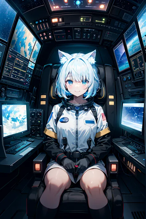 1girl, rgb multicolor luminous connected device fixed seated woman operating (familiar face), cat ears, side table, spacecraft, ...