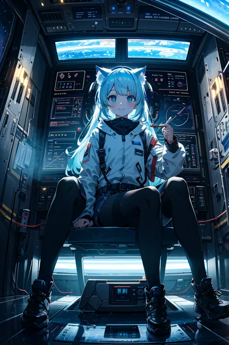 1girl, rgb multicolor luminous connected device fixed seated woman operating (familiar face), cat ears, side table, spacecraft, ...