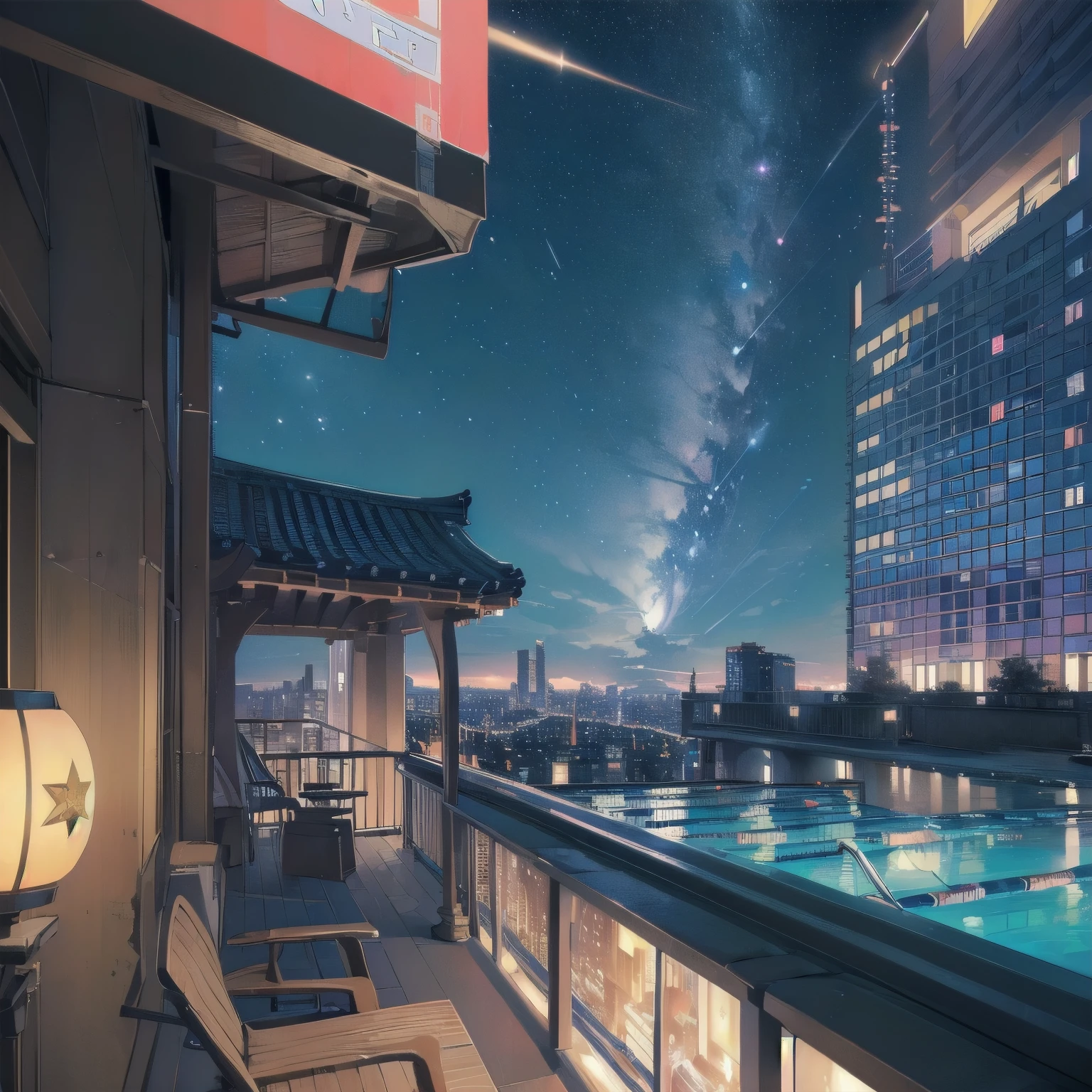 (((Masterpiece, top quality))), (((32K wallpaper))), ultra high resolution、TOKYO、(((Buildings)))、(((Big North Star in the sky)))、Colorful night view、Close-up of the North Star、Highly detailed background、neon、a lot of billboard、Overall blue color、(((Balcony with pool)))