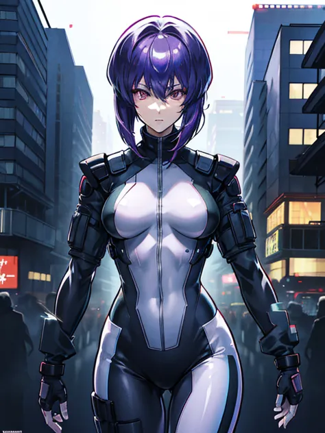 ghost in the shell, motoko kusanagi, purple short bob cut, hair between the eyes, slightly asymmetrical bangs, ((optical camoufl...