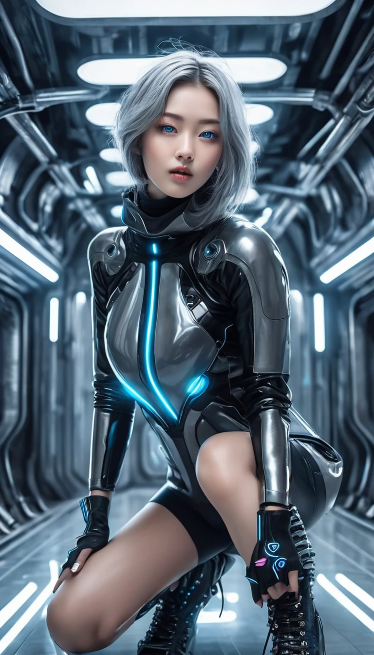 nsfw, masterpiece, Best Quality, hyper Realistic, A mysterious and sophisticated beautiful young gravure Japanese woman with blue eyes wears futuristic and sexy fashion art. sitting focus breasts,, from below, Detailed clothing butt, woman is climbing at a wide angle, with her full body in frame. large Butt, sexy large breasts, slim waist, Cyber punk taste fashion, Her outfit includes BLACK over sized Surface hoodie sweat, nothing shorts, adding a minimalist beauty. She accessorizes with futuristic accessories and technical sneakers. Her demeanor exudes harmony and striking simplicity, accentuating her curves and digging sensuously into her skin, hyper small head and face, wide and big Duck mouth, half open mouth, perfectly aligned teeth, perfect beautiful wide teeth, Detailed eyes, light blue eyes, half open eyes, shiny Droopy eyes, gray hair, looking other, She is situated within the interior of a futuristic colony, with mist drifting and steam rising from concrete