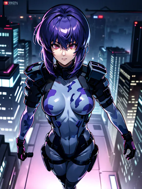 ghost in the shell, motoko kusanagi, purple short bob cut, hair between the eyes, slightly asymmetrical bangs, ((optical camoufl...