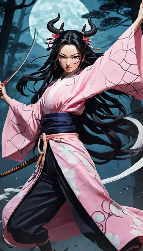 a dynamic battle scene featuring a character inspired by nezuko from "demon slayer," wearing a traditional pink kimono with intr...