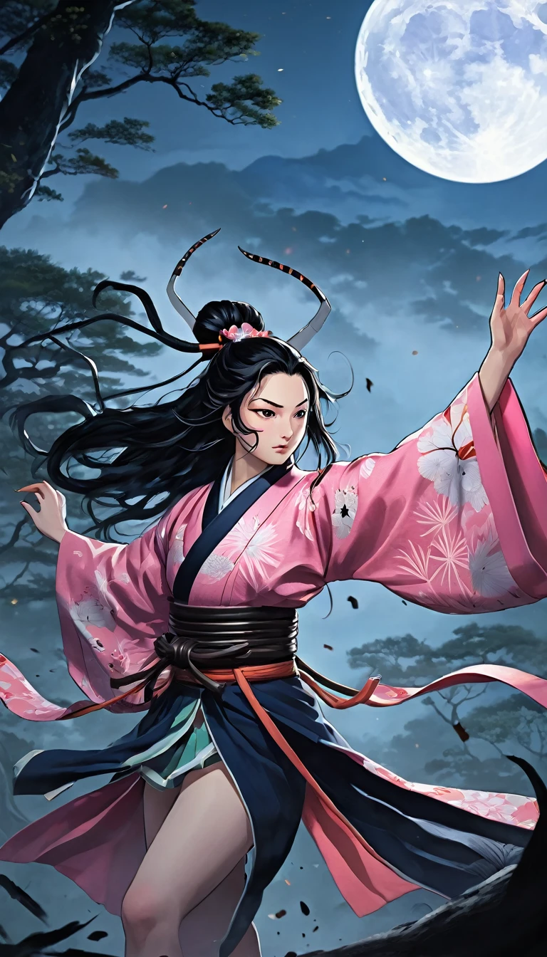 A dynamic battle scene featuring a character inspired by Nezuko from "Demon Slayer," wearing a traditional pink kimono with intricate patterns, facing off against a mythical yokai called "Ushioni." The Ushioni has the face of a bull and the body of a spider, with eight hairy legs and menacing horns. Nezuko, with her long black hair flowing and sharp, claw-like nails extended, is poised to strike. The setting is a dense, mystical forest under a moonlit sky, with shadows and mist adding to the tension. The art style is vibrant and anime-inspired, capturing the intensity and motion of the battle.