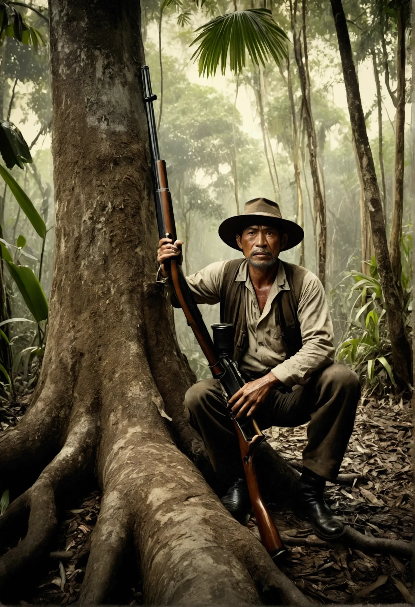 tiger jumping on wet plate photography collodion style, 1890, thai old hunter, forest thai hunter, sitting on a tree, rainforest...