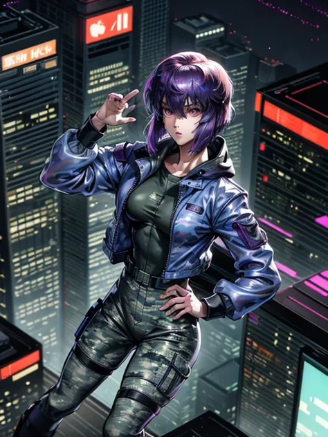 ghost in the shell, motoko kusanagi, purple short bob cut, hair between the eyes, slightly asymmetrical bangs, ((optical camoufl...