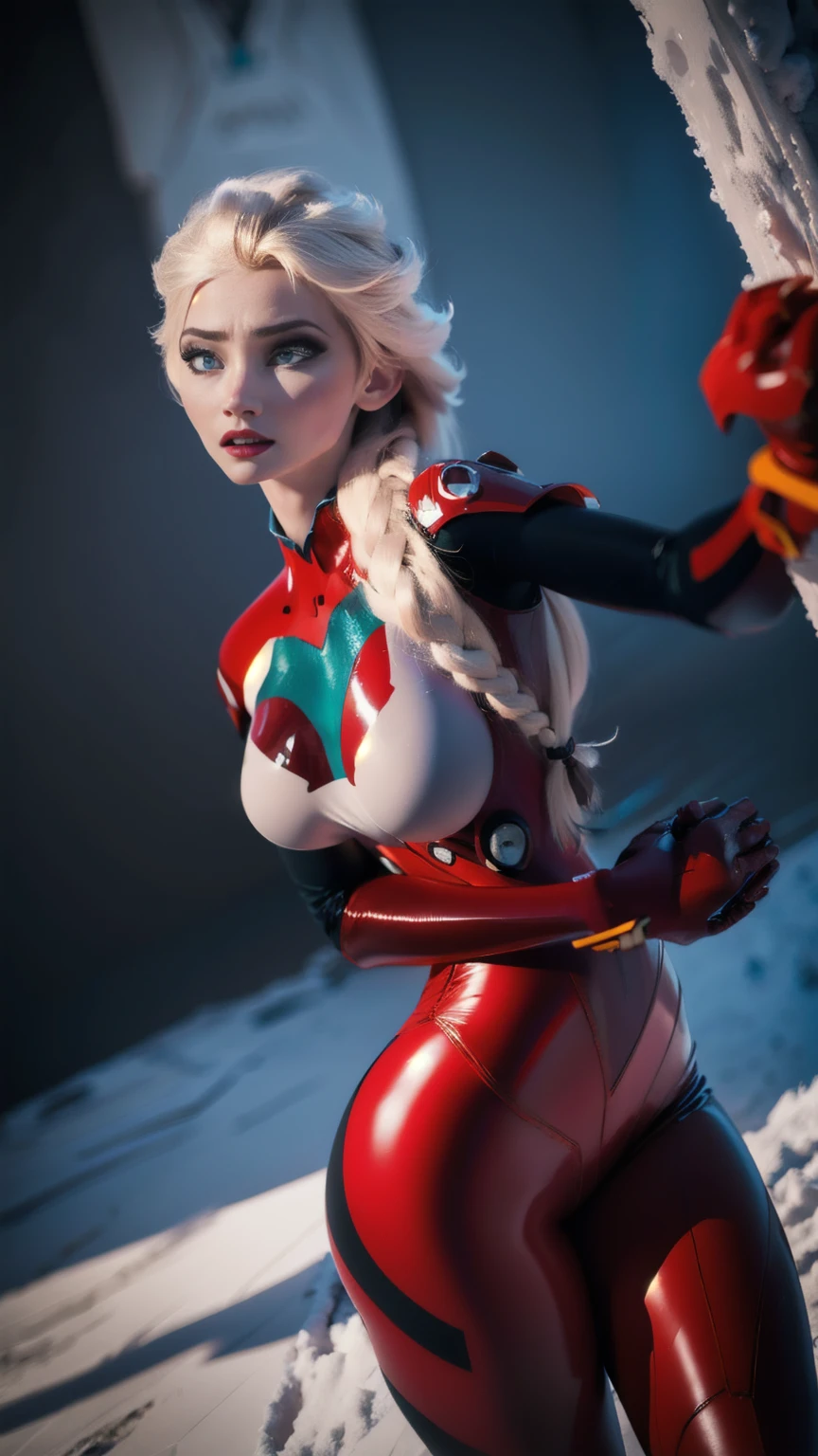 Elsa from "Frozen", wearing an evangelion plugsuit (pale blue:1.33), long platinum blonde hair in single braid, ice blue eyes, in various fighting poses, (wide angle shot:1.32), snow covered NYC setting, highly detailed, photorealistic, 8k, (best quality,4k,8k,highres,masterpiece:1.2),ultra-detailed,(realistic,photorealistic,photo-realistic:1.37),HDR,UHD,studio lighting,extremely detailed,vivid colors,dramatic colors, sysdeep_elsa, an14, no bra