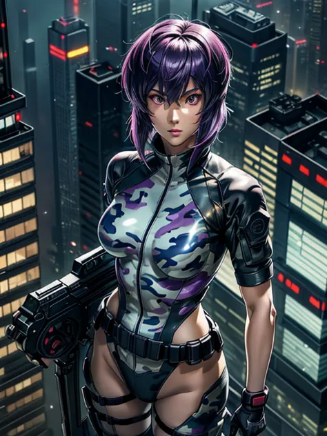 ghost in the shell, motoko kusanagi, purple short bob cut, hair between the eyes, slightly asymmetrical bangs, ((optical camoufl...