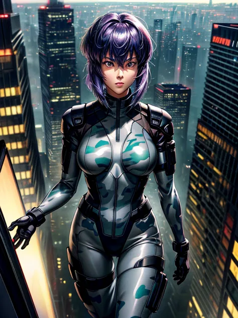 ghost in the shell, motoko kusanagi, purple short bob cut, hair between the eyes, slightly asymmetrical bangs, ((optical camoufl...